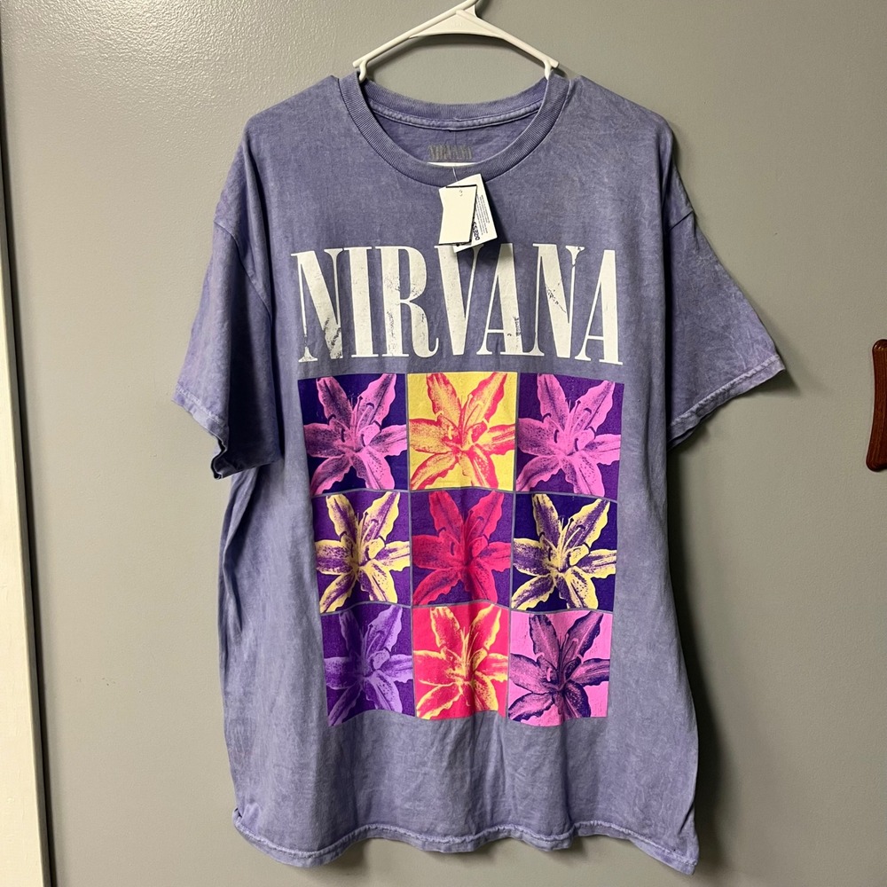 Nirvana Graphic T-Shirt Purple Acid Wash Lily Grid Band Tee 1X NEW